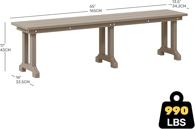Costaelm Outdoor Benches Weatherproof, Park Long Bench Poly Lumber Backless for Entryway Front Porch Garden Bench Seat for Patio, Weathered Wood