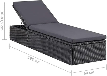 Adjustable Rattan Sunlounger Outdoor Chaise Lounge 77.9"x23.6"x32.9" Black PE Rattan Recliner Patio Lounger for Garden Pool Backyard Balcony