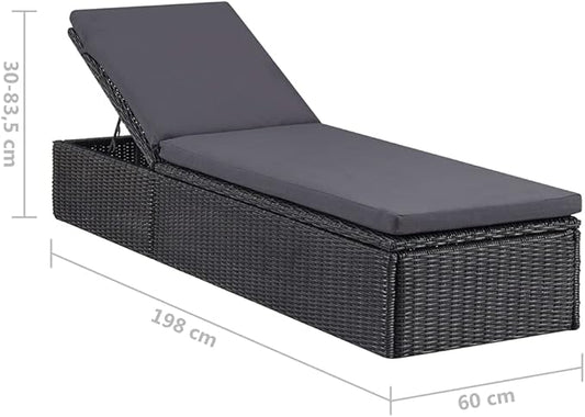 Adjustable Rattan Sunlounger Outdoor Chaise Lounge 77.9"x23.6"x32.9" Black PE Rattan Recliner Patio Lounger for Garden Pool Backyard Balcony
