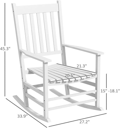 2Pcs Wooden Rocking Chairs, Wood Classic Slatted Patio Porch Rockers for Porches, Backyards, Poolside Balconies, Decks(White)
