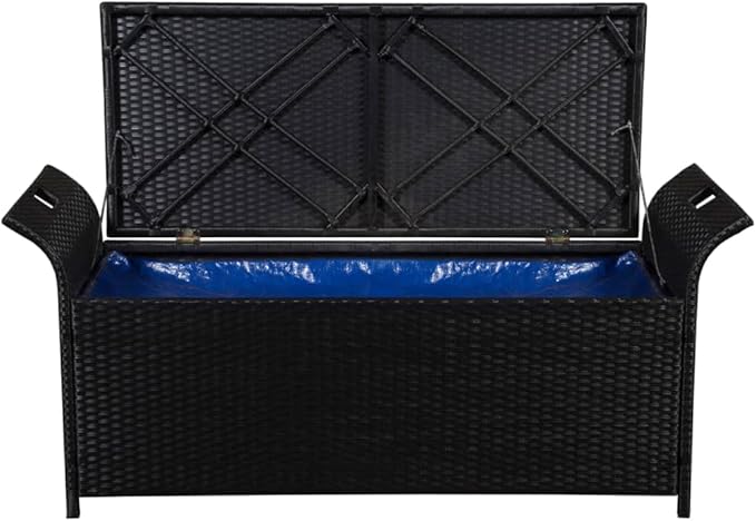 Storage Bench,Benches for Outside,Porch Bench,Yard Bench,Garden Bench,with Cushion,for The Front Porch,Deck, Balcony,Backyard,Outdoor,Lawn,Yard,Park,Path,Black,54.3" Poly Rattan
