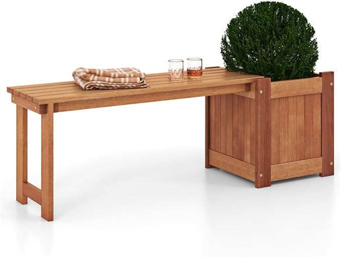 Outdoor Bench with Planter Box 54" Solid Wood Garden Bench and Flower Planter Combo 2-in-1 Seating and Planting Station - Photo 8