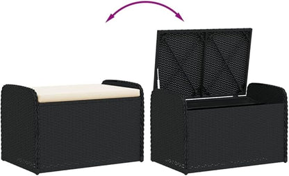 vidaXL Outdoor Garden Storage Bench with Cushion - Weather- Black Poly Rattan, Padded Seat, UV Protection, Easy Maintenance, 31.5"x20.1"x20.5"