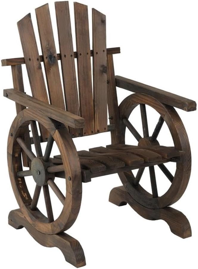 39" Farmhouse Wood Adirondack Chair, Mocha Brown Finish, Solid Construction, Rustic Wheel Detailing, Angled Back for Comfort, Durable Outdoor Patio or Backyard Seating