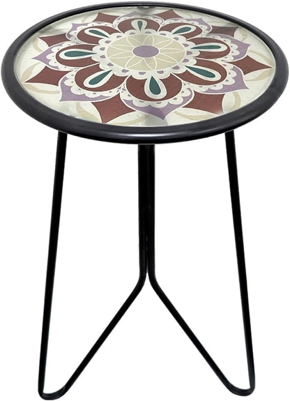 LIFFY Outdoor Side Table, 12" Small Patio Side Table for Outside, Indoor Round Home Decor End Table & Accent Table with Glass Top, Decorative Plant Table Stands for Garden Yard Porch Balcony