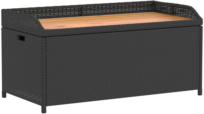 Outdoor Storage Bench with Acacia Wood Top and Synthetic Rattan Seating for Patio Balcony Garden, Durable Steel Frame and Comfortable Design for Two Adults