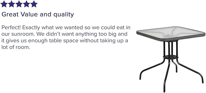 Flash Furniture Barker 28'' Square Tempered Glass Metal Table with Gray Rattan Edging