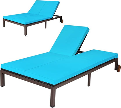 COSTWAY 2-Person Patio Rattan Lounge Chair Chaise Recliner Adjustable Cushion