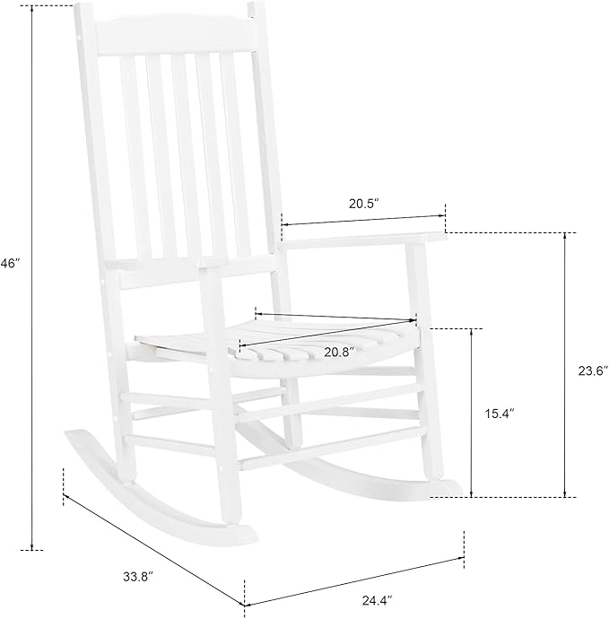 Wooden Rocking Chair Outdoor with High Back,Wood Porch Rocker,Perfect for Indoor or Outdoor All Weather Porch Rocker for Garden,Lawn,Balcony,Backyard and Patio Porch Rocker Use(White)