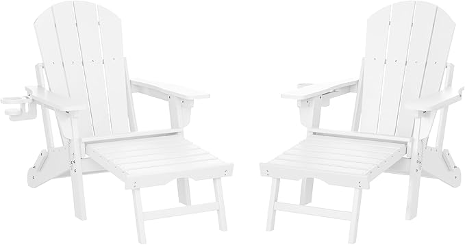 WestinTrends Malibu Folding Adjustable Adirondack Chair with Retractable Ottoman and Cup Holder (Set of 2), White - Photo 3