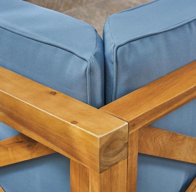 roomfitters Outdoor X-Back 3-Seater Sectional Sofa with Acacia Wood Frame and Cushions, Blue - Photo 8
