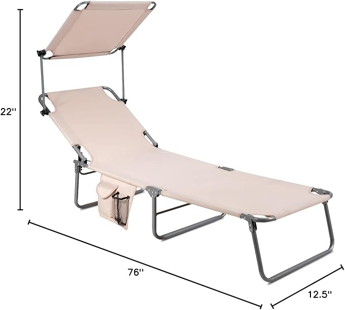 COSTWAY Beach Lounge Chair, Foldable Chaise Lounge with Canopy, Adjustable Backrest & Side Pocket, Tanning Chair for Seaside, Pool, Patio (Beige)