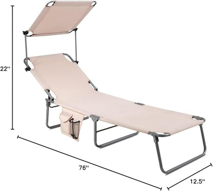 COSTWAY Beach Lounge Chair, Foldable Chaise Lounge with Canopy, Adjustable Backrest & Side Pocket, Tanning Chair for Seaside, Pool, Patio (Beige)