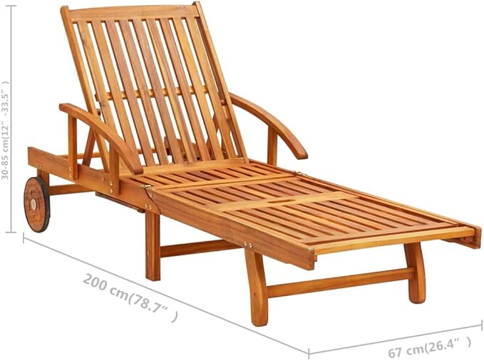 Acacia Wood Outdoor Chaise Lounge Chair with Wheels Red Cushion - Photo 2