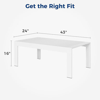 Modern Aluminum Outdoor Coffee Table, All-Weather Metal Rectangle Table for Patio, Balcony or Garden, White