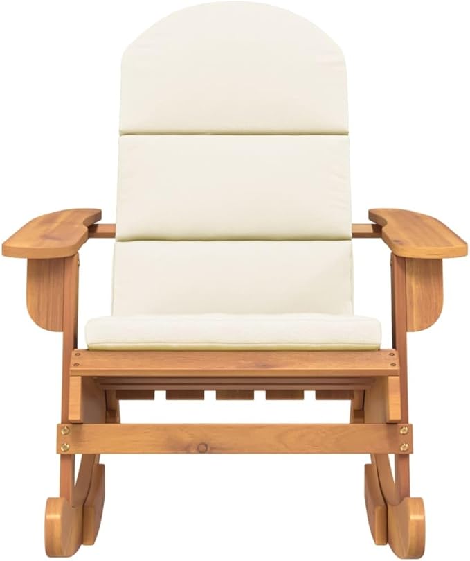 Outdoor Rocking Chair, Solid Acacia Wood Porch Rocker with Comfortable Cream White Cushions, Weather-Resistant Patio Furniture for Garden, Backyard, and Balcony