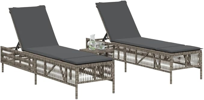 Grey PE Rattan Outdoor Chaise Lounge 77.9"x21.7"x37.8" Adjustable Backrest with Removable Cushions Steel Frame for Garden Pool Balcony