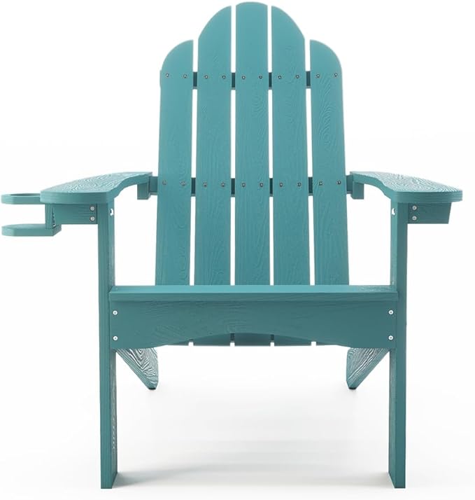 LUE BONA HDPS Adirondack Chairs Set of 6, Fire Pit Outdoor Chair Weather Resistant with Cup Holder, Modern Plastic Chair Plastic for Patio, Deck, Proch, 350LBS, Blue Turquoise