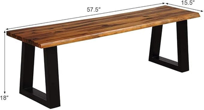 HAPPYGRILL Acacia Wood Patio Bench Set of 2, Dining Picnic Bench with Metal Frame, 57.5" Wood Bench for Indoor Outdoor Garden Backyard Lawn