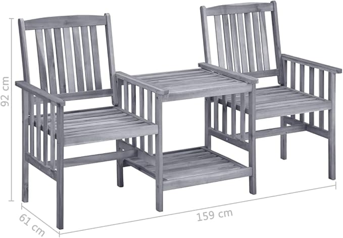 vidaXL Solid Acacia Wood Patio Chairs with Tea Table and Cushions - Outdoor Garden Seat - ic Gray Finish - 62.6"x24"x36.2"
