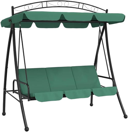 3-Seater Garden Swing Bench, Outdoor Patio Porch Swing with Bed Conversion, Powder-Coated Steel Metal Frame, Adjustable Weather-Resistant Canopy, Green