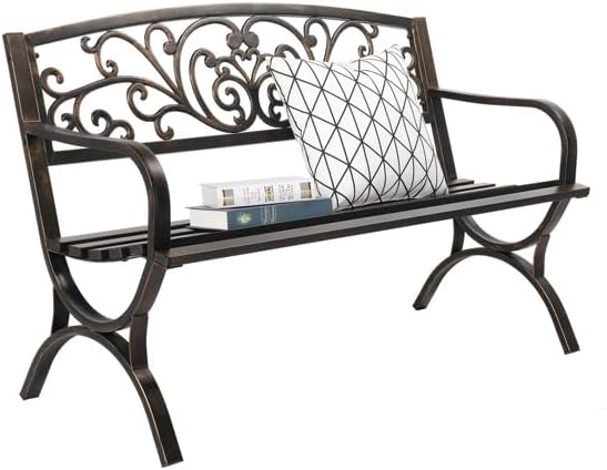 Patio Outdoor Park Loveseat Bench for Garden Porch Deck Made Cast Iron Anti-Rust Aluminum Metal, 2-3 Seater (50 Inch Butterfly Back Cross Feet Bronze Iron Bench)