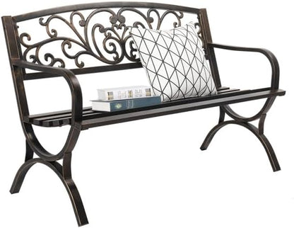 Patio Outdoor Park Loveseat Bench for Garden Porch Deck Made Cast Iron Anti-Rust Aluminum Metal, 2-3 Seater (50 Inch Butterfly Back Cross Feet Bronze Iron Bench)