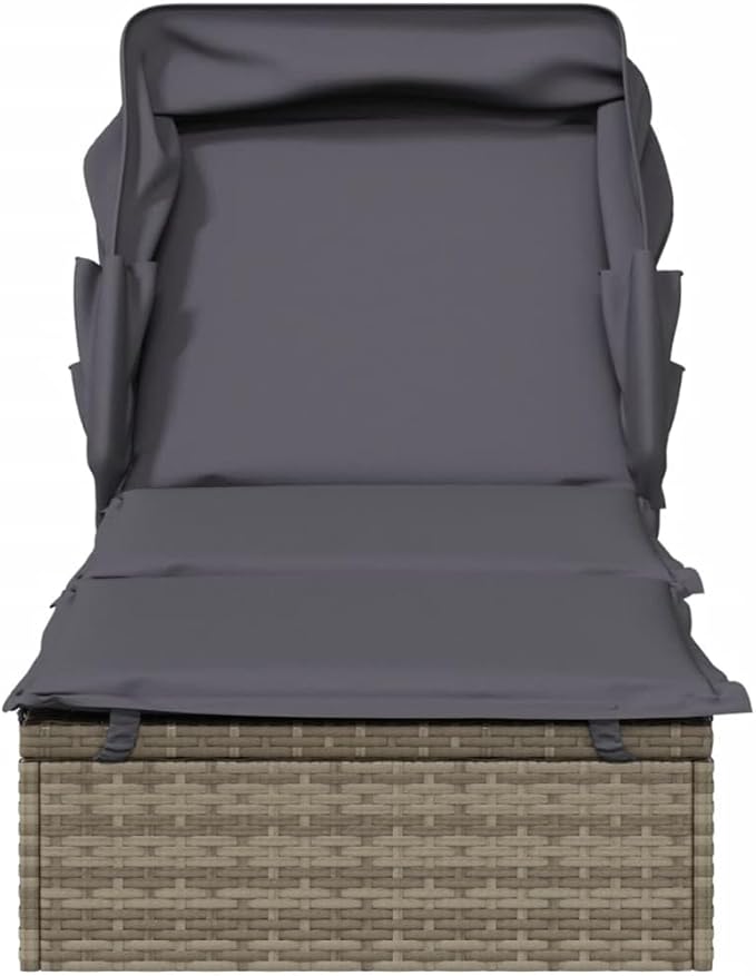 Grey PE Rattan Outdoor Chaise Lounge with Adjustable Canopy 83.1 x 25.6 in Powder-Coated Steel Frame Cushioned Sunbed - Photo 5