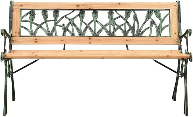 Garden Bench Natural Wood Green Solid Firwood with Cast Iron PVC Frame, Floral Tulip Backrest Design for Outdoor Patio Seating, Durable Weather Resistant Furniture for Garden