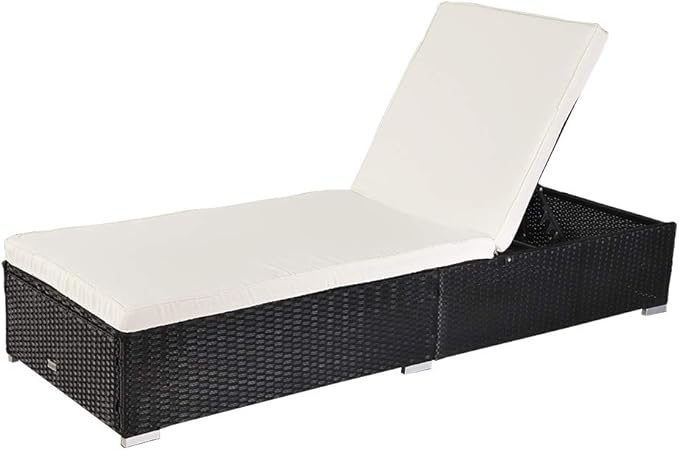 VINGLI Adjustable Wicker Patio Chaise Lounge Outdoor, Rattan Outdoor Lounge Chair, All Weather Patio Chaise Lounge with Adjustable Backrest and Soft Cushions Wicker Daybed (Black)