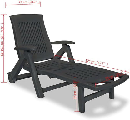 Outdoor Sun Lounger, Adjustable Folding Pool Chaise Lounge with Wheels, Heavy Duty Plastic Reclining Patio Chair for Garden, Deck, Beach, Anthracite