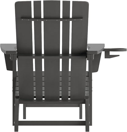 Flash Furniture Halifax Poly Resin Adirondack Chair with Cup Holder and Pull Out Ottoman, All-Weather Poly Resin Indoor/Outdoor Lounge Chair, Set of 2, Gray