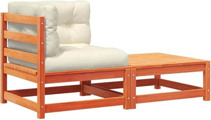 Wax Brown Patio Sectional Sofa with Cushions & Footstool Solid Pine Wood Outdoor Sectional Furniture Set for Garden - Photo 2