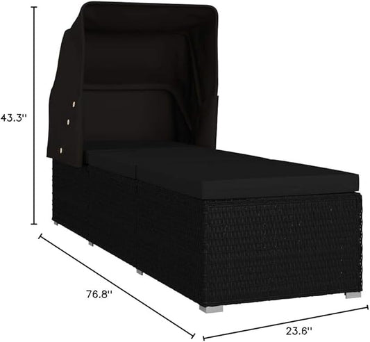 (Fast Shipments) Outdoor Rattan Chaise Lounge Chair Set with Retractable Canopy, All Weather Furniture for Outside, Pool, Beach Sun Lounger with Canopy and Cushion Poly Rattan Black