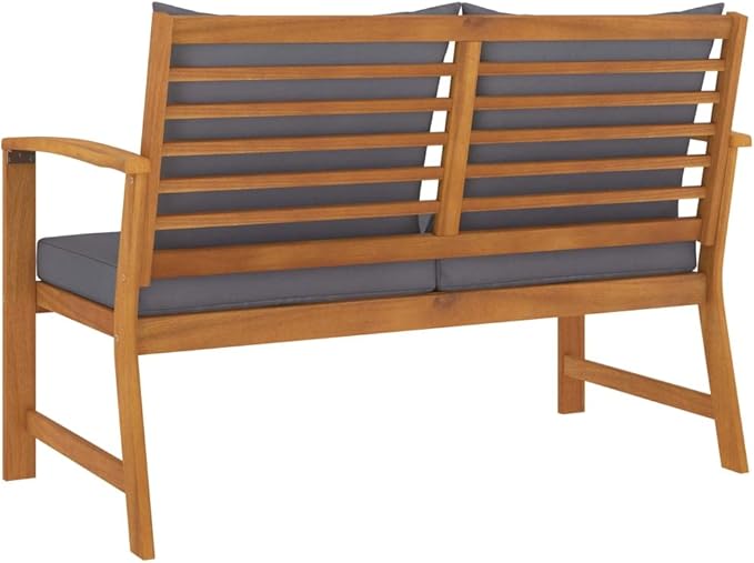 Acacia Wood Garden Bench 47"x47" Rustic Outdoor Seating for Patio, Porch or Balcony, Dark Grey Cushions, Seats 2, Solid Oiled Finish, Entry Way Furniture for Garden and Terrace
