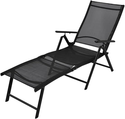 Folding Sun Lounger Black Aluminum Frame 25x70x38 in 7-Recline Outdoor Chaise Lounge UV Textilene Portable Poolside Chair for Patio Garden Balcony Beach
