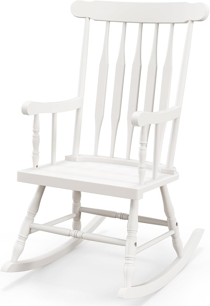 Tangkula Patio Rocking Chair Solid Rubber Wood, Outdoor Porch Rocker Chair with Rubber Wood Frame, Indoor Wooden Rocking Chair, Ideal for Garden, Backyard & Balcony (1, White)