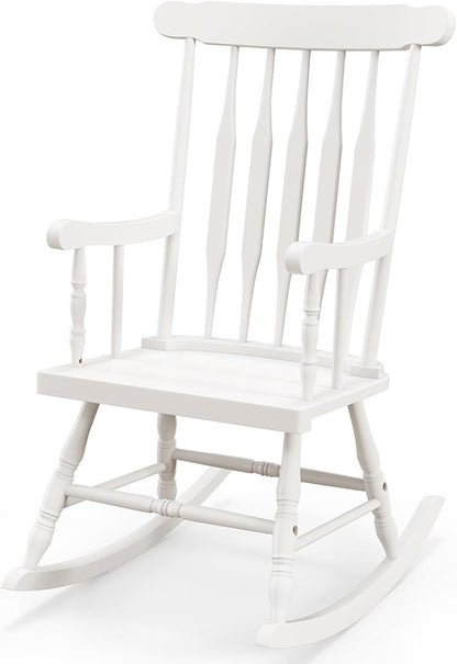 Tangkula Patio Rocking Chair Solid Rubber Wood, Outdoor Porch Rocker Chair with Rubber Wood Frame, Indoor Wooden Rocking Chair, Ideal for Garden, Backyard & Balcony (2, White)