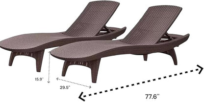 Outdoor Patio Chaise Lounge Chairs, All-Weather Wicker Rattan, Adjustable Backrest, Set of 2 (Brown)