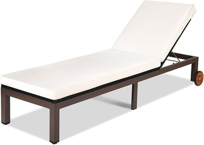 HAPPYGRILL Patio Chaise Lounge Chair Outdoor Rattan Lounger Recliner Chair Adjustable Position Folding Wicker Lounge Chair with Cushion & Wheels for Garden Patio Poolside