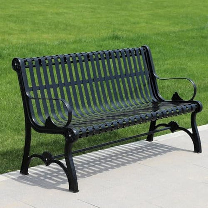 Sturdy Cast Iron Outdoor Garden Bench with Armrests & Backrest - All-Weather Slatted Seat for Patio, Yard, Entryway & Deck - Durable Metal Furniture