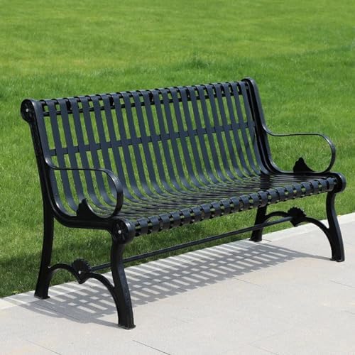 Sturdy Cast Iron Outdoor Garden Bench with Armrests & Backrest - All-Weather Slatted Seat for Patio, Yard, Entryway & Deck - Durable Metal Furniture