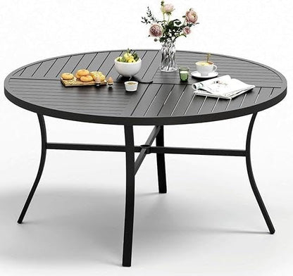 54" Patio Dining Table for 6, Round Patio Table with Umbrella Hole,E-Coating and Powder Coating Steel Frame Metal Outdoor Patio Table for Garden Backyard Lawn Yard