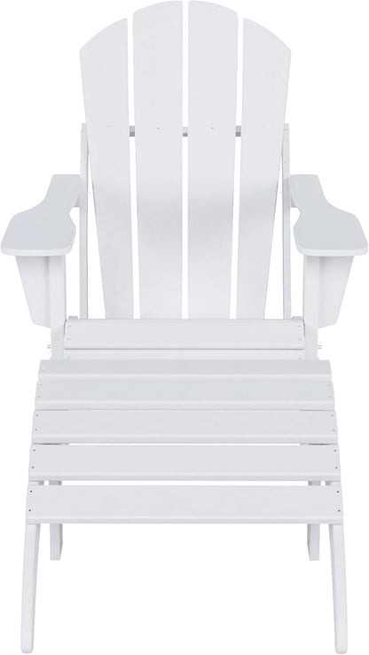 WestinTrends Malibu Outdoor Lounge Chair, 2-Pieces Adirondack Chair Set with Ottoman, All Weather Poly Lumber Patio Lawn Folding Chairs for Outside Pool Garden Backyard Beach, White
