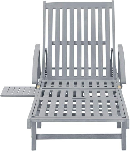 Extra Long Outdoor Lounge Chair Sun Lounger 78.7 inch Solid Acacia Wood Patio Poolside Chaise with Wheels for Garden, Balcony and Backyard Use, Grey Frame, Blue Cushion