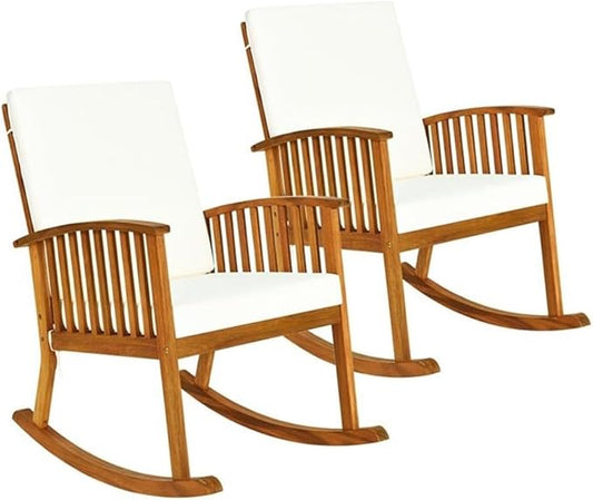 Pemberly Row 2-Pcs Acacia Wood Outdoor Rocking Chairs, Brown Finish, Ergonomic Design with Weather-Resistant Cushions, Rustic Style Porch or Patio Seating, 36.5" H x 25" W x 35.5" L