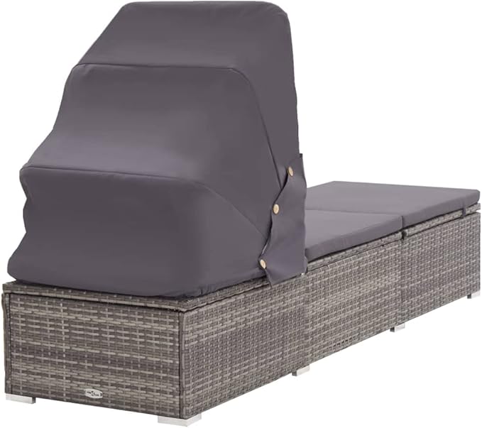Grey Rattan Sun Lounger with Canopy 76.8 x 23.6 x 43.3 in Powder-Coated Steel Frame Adjustable Recline Foldable Outdoor - Photo 5