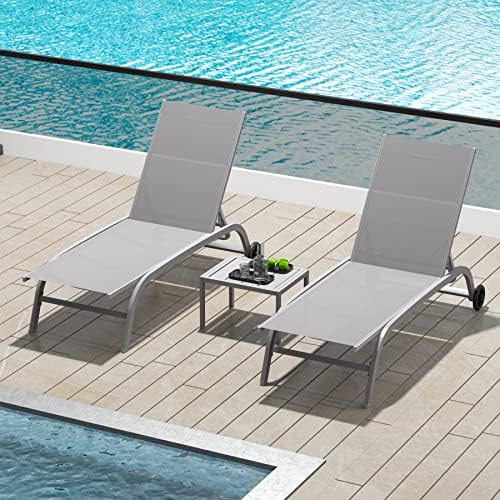 Domi Chaise Lounge Outdoor Set of 3, Lounge Chairs for Outside with Wheels, Outdoor Chaise Lounge with 5 Adjustable Position, Pool Lounge Chairs for Patio, Beach, Yard, Deck, Poolside, Grey