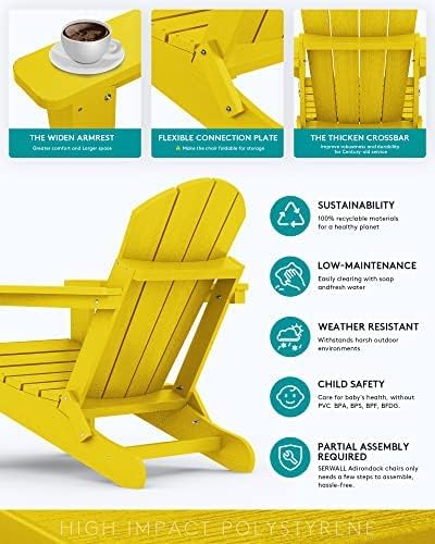 SERWALL Foldable Adirondack Chair Set of 2, Weather Resistant Patio Chair with Cup Holder for Garden Outdoors Fire Pit-Lemon
