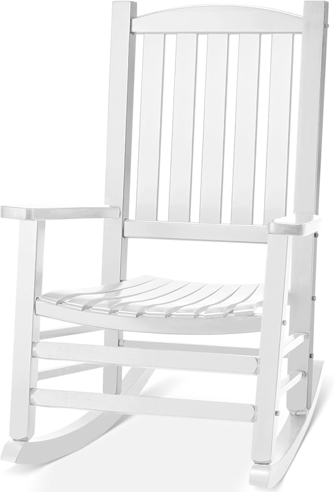 Wooden Outdoor Rocking Chair, Oversized Patio Rocking Chair w/400lbs Support & High Backrest | Porch, Lawn, Garden, Backyard，White